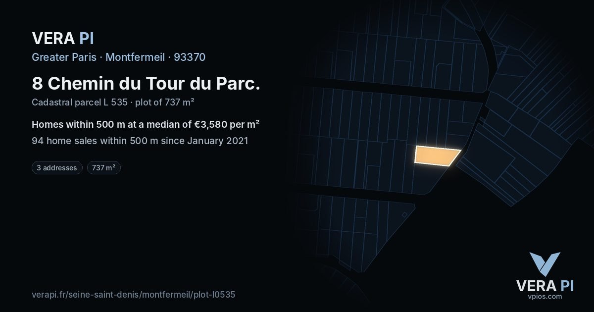 8 Chemin du Tour du Parc, Montfermeil at night – the plot lit, the parcels around coloured by the prices near them
