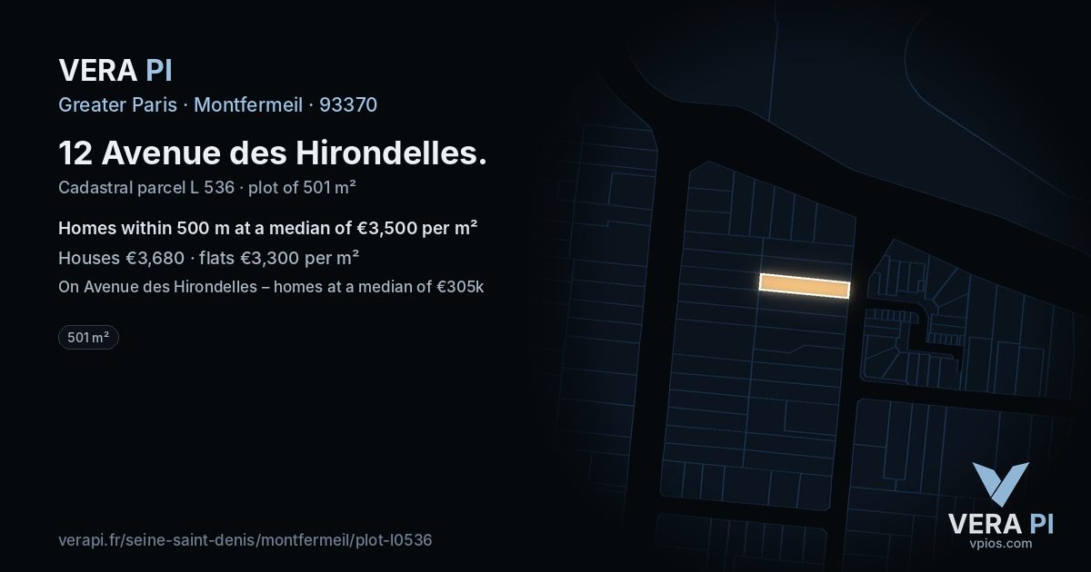 12 Avenue des Hirondelles, Montfermeil at night – the plot lit, the parcels around coloured by the prices near them
