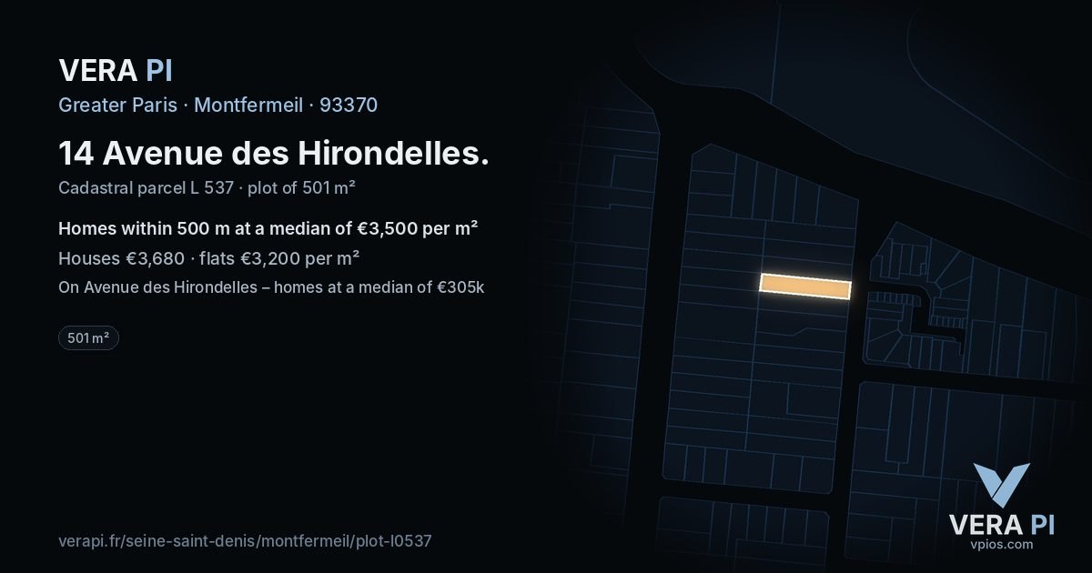 14 Avenue des Hirondelles, Montfermeil at night – the plot lit, the parcels around coloured by the prices near them