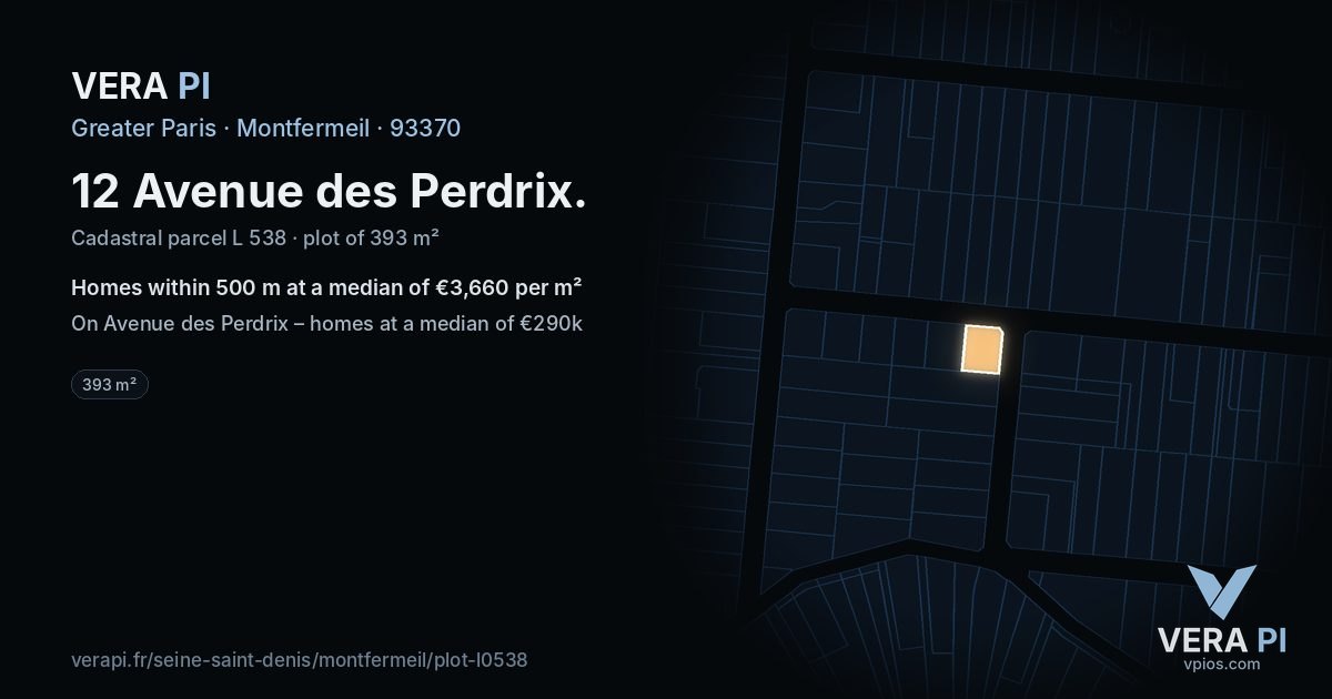 12 Avenue des Perdrix, Montfermeil at night – the plot lit, the parcels around coloured by the prices near them