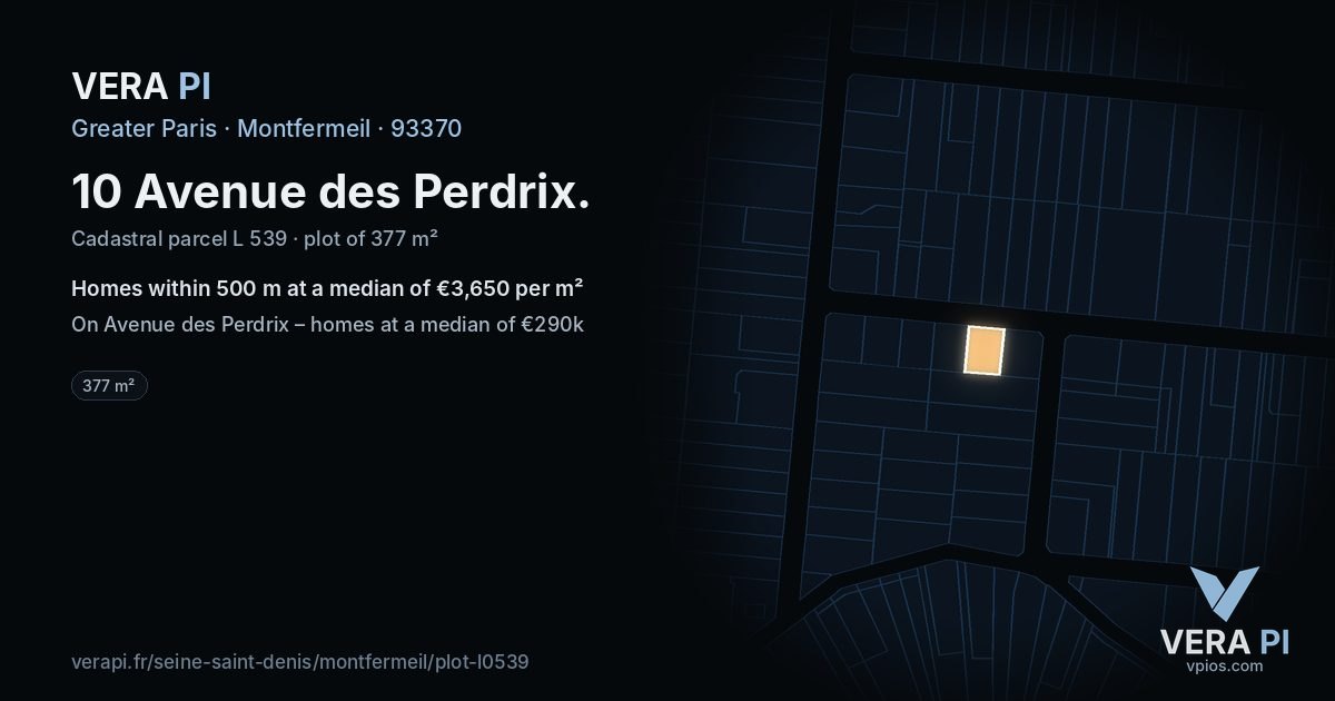 10 Avenue des Perdrix, Montfermeil at night – the plot lit, the parcels around coloured by the prices near them