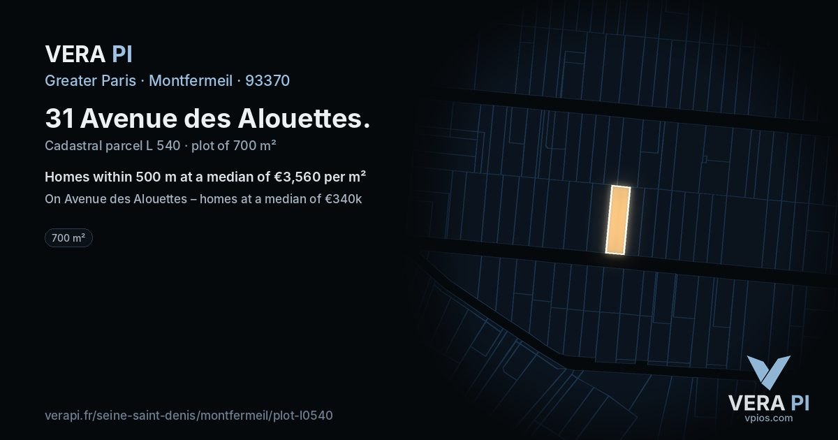 31 Avenue des Alouettes, Montfermeil at night – the plot lit, the parcels around coloured by the prices near them