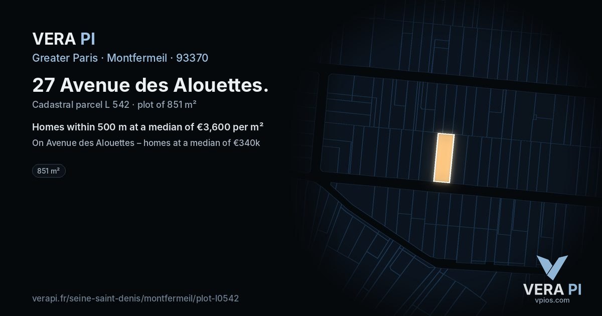 27 Avenue des Alouettes, Montfermeil at night – the plot lit, the parcels around coloured by the prices near them