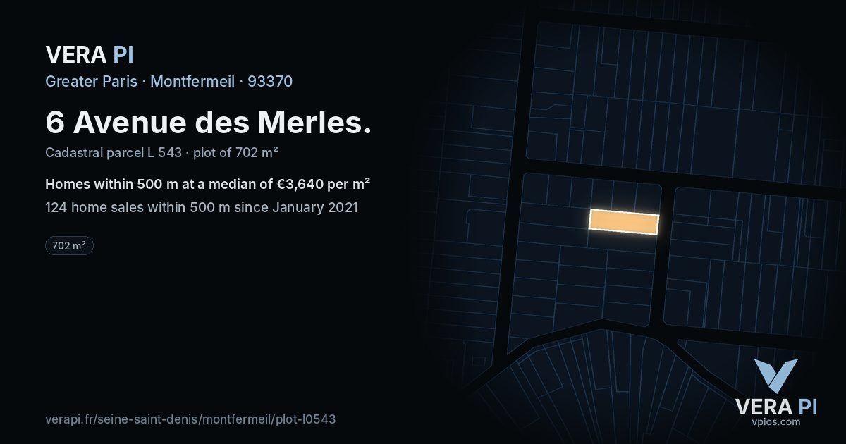 6 Avenue des Merles, Montfermeil at night – the plot lit, the parcels around coloured by the prices near them