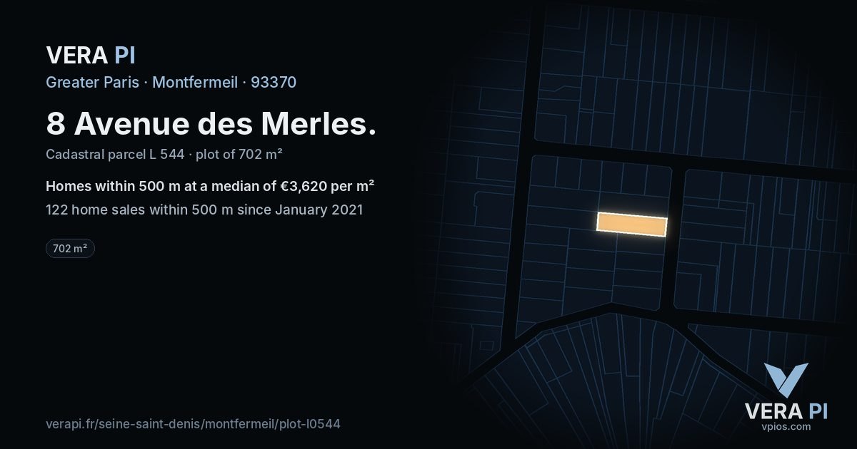 8 Avenue des Merles, Montfermeil at night – the plot lit, the parcels around coloured by the prices near them