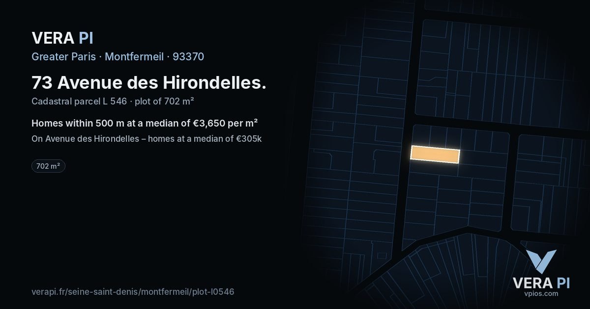 73 Avenue des Hirondelles, Montfermeil at night – the plot lit, the parcels around coloured by the prices near them