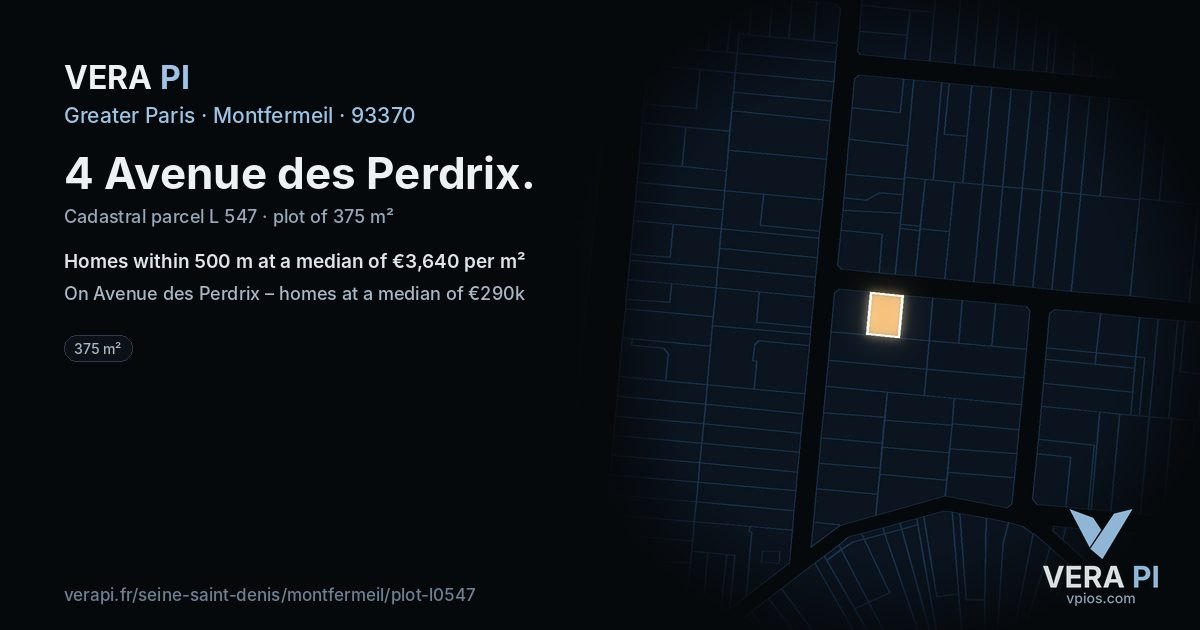 4 Avenue des Perdrix, Montfermeil at night – the plot lit, the parcels around coloured by the prices near them