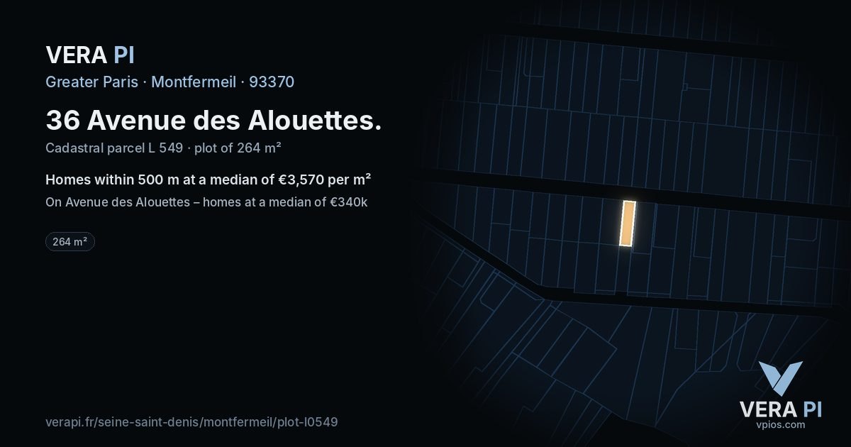 36 Avenue des Alouettes, Montfermeil at night – the plot lit, the parcels around coloured by the prices near them