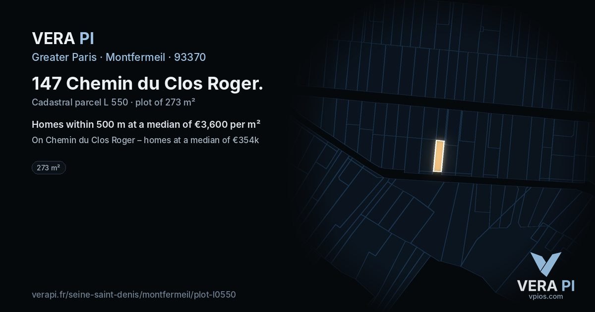 147 Chemin du Clos Roger, Montfermeil at night – the plot lit, the parcels around coloured by the prices near them