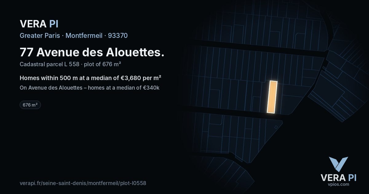 77 Avenue des Alouettes, Montfermeil at night – the plot lit, the parcels around coloured by the prices near them