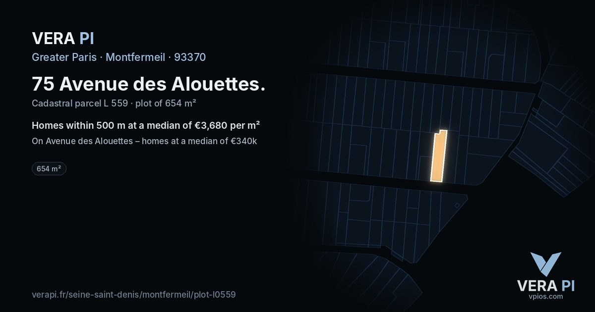 75 Avenue des Alouettes, Montfermeil at night – the plot lit, the parcels around coloured by the prices near them