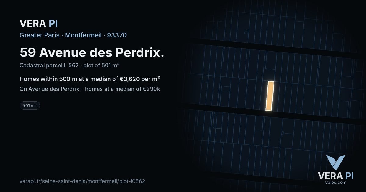 59 Avenue des Perdrix, Montfermeil at night – the plot lit, the parcels around coloured by the prices near them