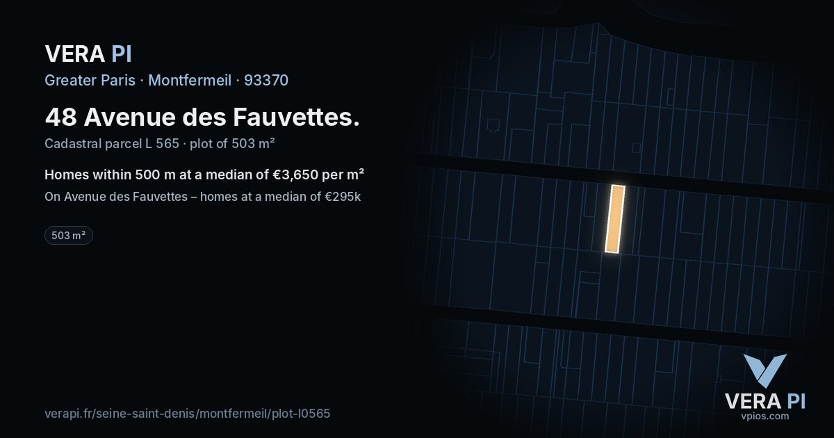 48 Avenue des Fauvettes, Montfermeil at night – the plot lit, the parcels around coloured by the prices near them