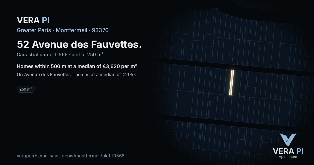 52 Avenue des Fauvettes, Montfermeil at night – the plot lit, the parcels around coloured by the prices near them