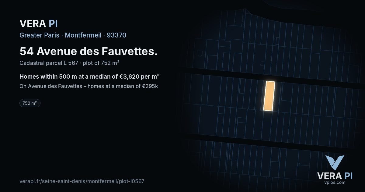 54 Avenue des Fauvettes, Montfermeil at night – the plot lit, the parcels around coloured by the prices near them