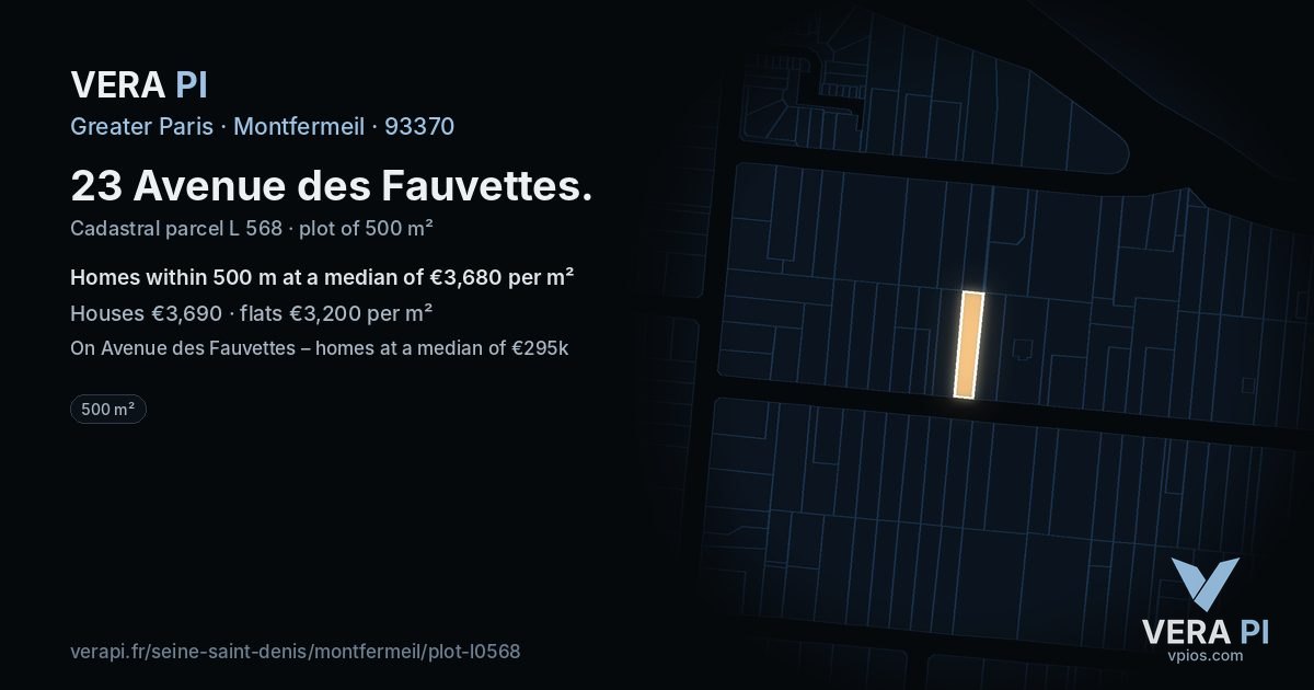 23 Avenue des Fauvettes, Montfermeil at night – the plot lit, the parcels around coloured by the prices near them