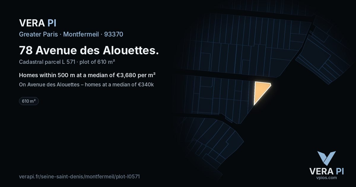 78 Avenue des Alouettes, Montfermeil at night – the plot lit, the parcels around coloured by the prices near them