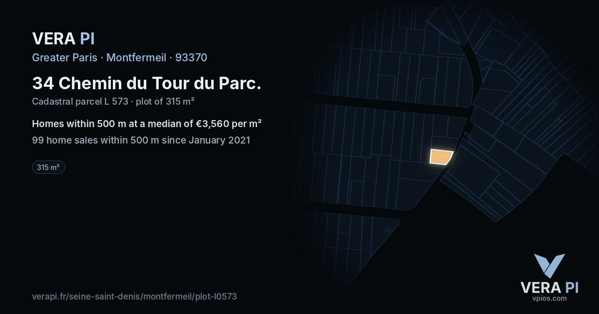 34 Chemin du Tour du Parc, Montfermeil at night – the plot lit, the parcels around coloured by the prices near them