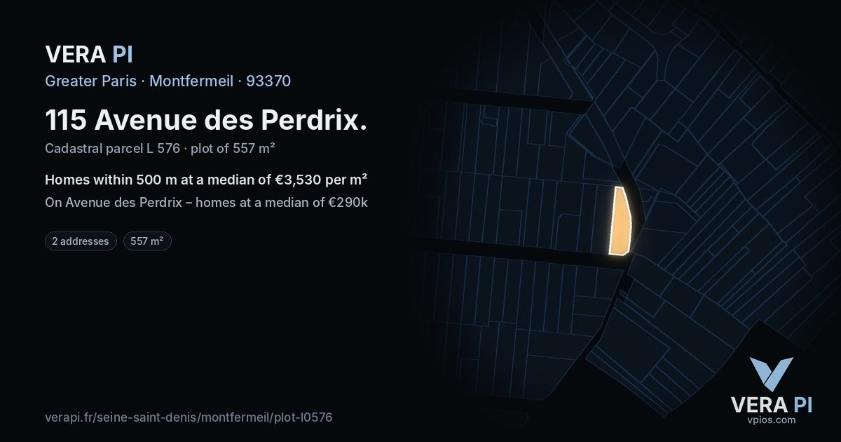 115 Avenue des Perdrix, Montfermeil at night – the plot lit, the parcels around coloured by the prices near them