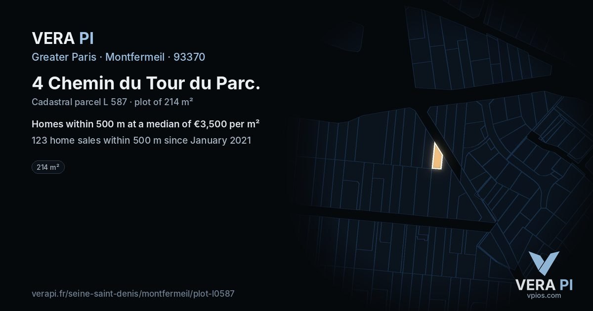 4 Chemin du Tour du Parc, Montfermeil at night – the plot lit, the parcels around coloured by the prices near them