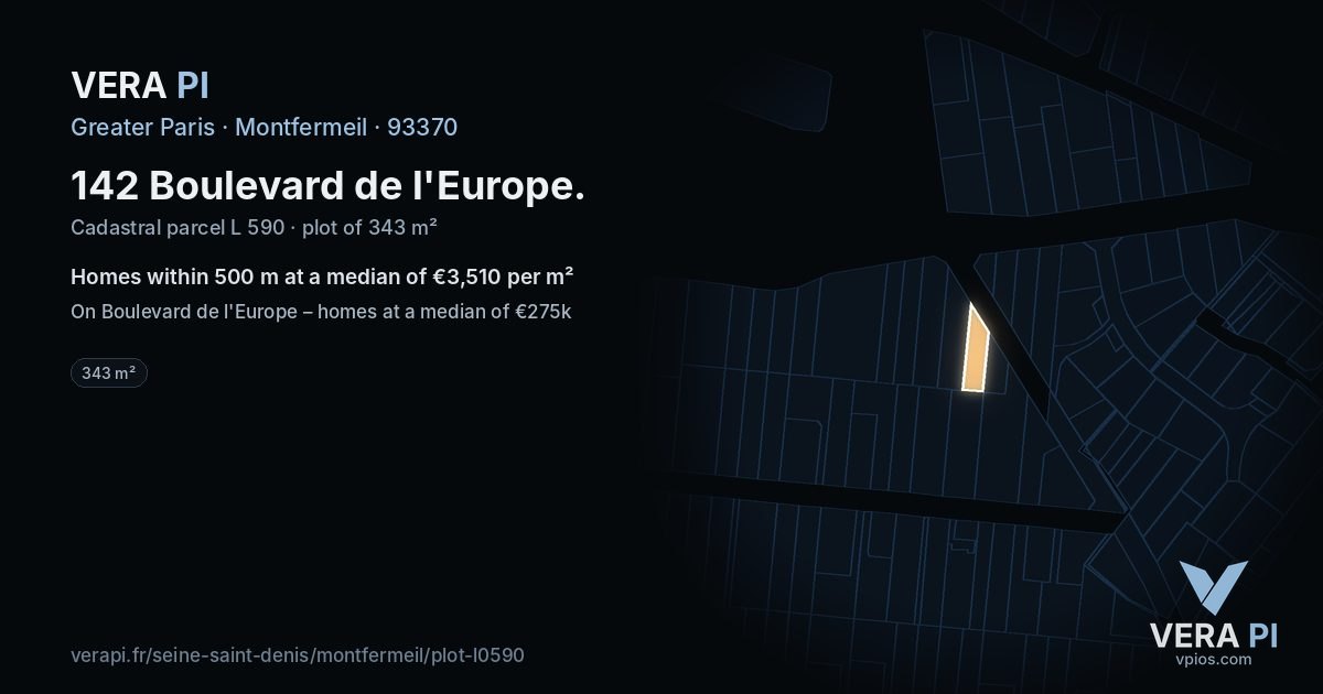 142 Boulevard de l'Europe, Montfermeil at night – the plot lit, the parcels around coloured by the prices near them