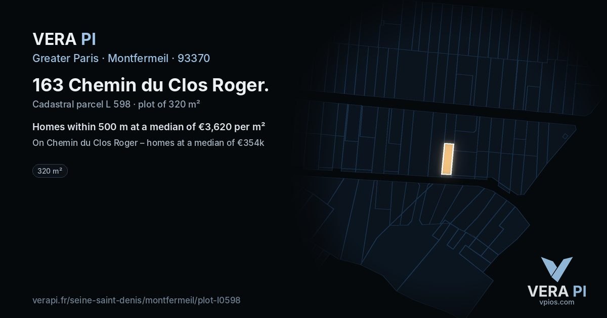 163 Chemin du Clos Roger, Montfermeil at night – the plot lit, the parcels around coloured by the prices near them