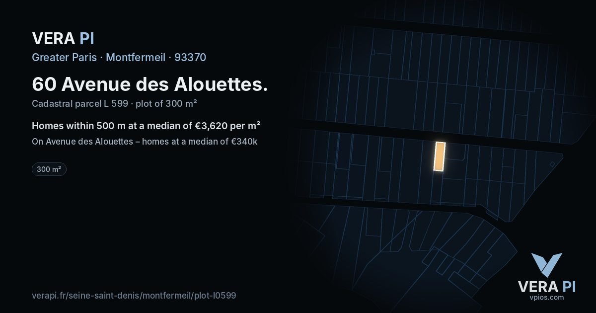 60 Avenue des Alouettes, Montfermeil at night – the plot lit, the parcels around coloured by the prices near them