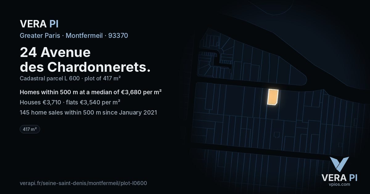 24 Avenue des Chardonnerets, Montfermeil at night – the plot lit, the parcels around coloured by the prices near them
