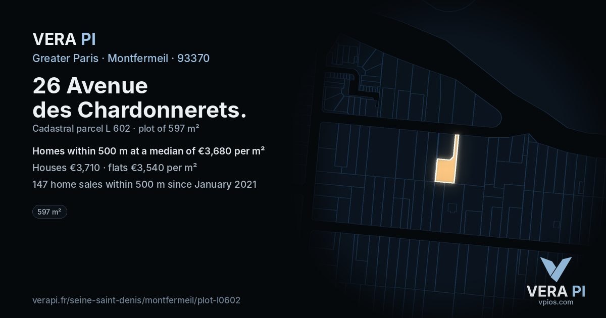 26 Avenue des Chardonnerets, Montfermeil at night – the plot lit, the parcels around coloured by the prices near them
