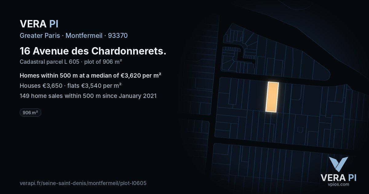 16 Avenue des Chardonnerets, Montfermeil at night – the plot lit, the parcels around coloured by the prices near them