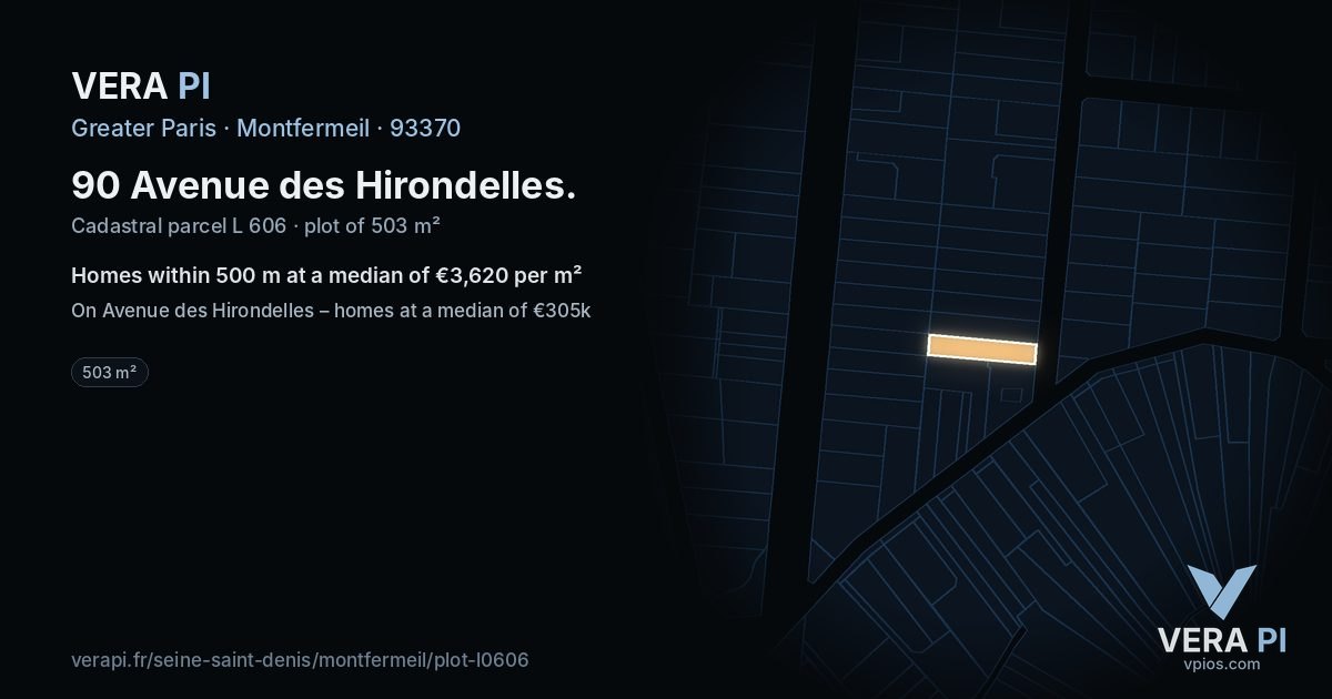 90 Avenue des Hirondelles, Montfermeil at night – the plot lit, the parcels around coloured by the prices near them