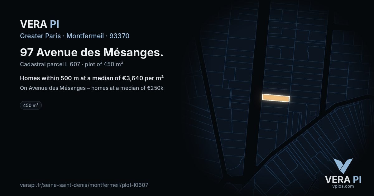 97 Avenue des Mésanges, Montfermeil at night – the plot lit, the parcels around coloured by the prices near them