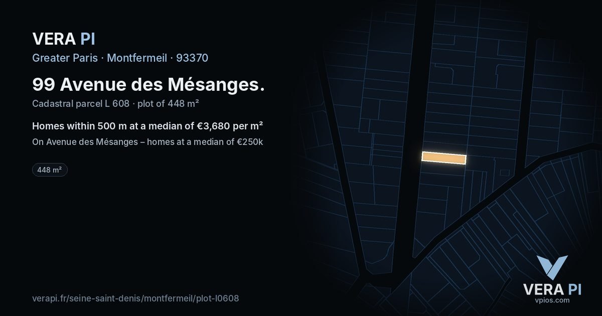 99 Avenue des Mésanges, Montfermeil at night – the plot lit, the parcels around coloured by the prices near them