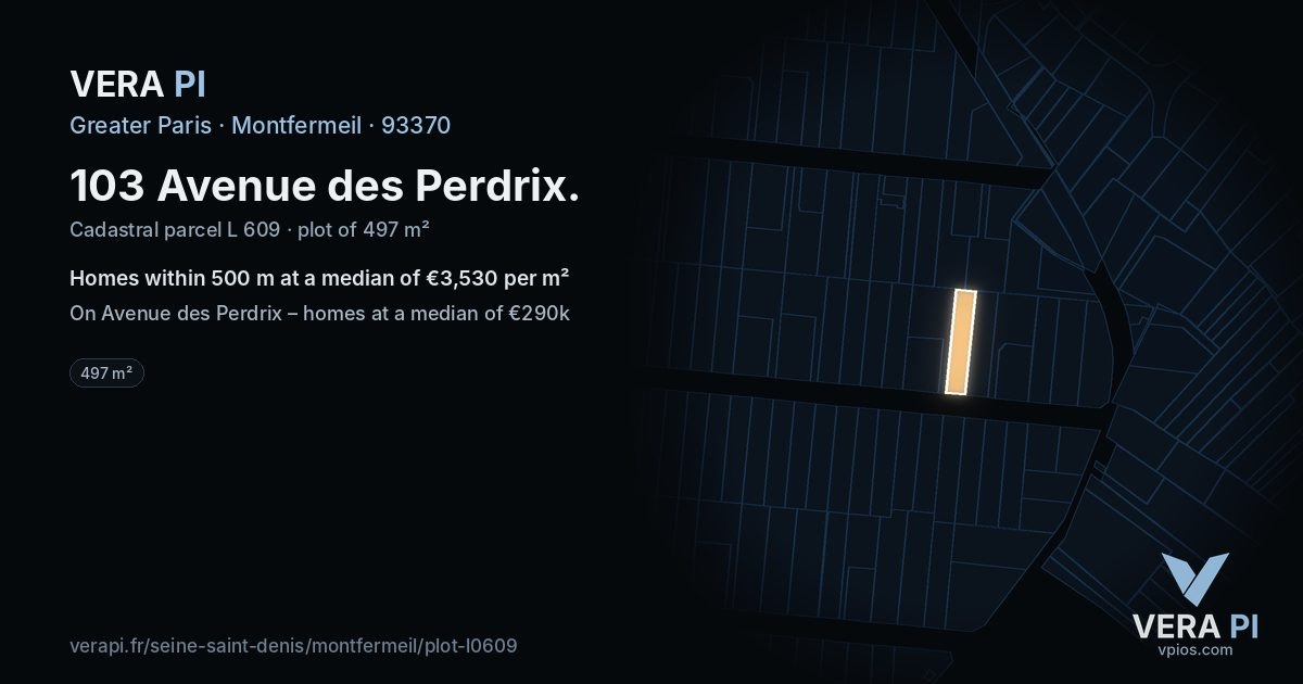 103 Avenue des Perdrix, Montfermeil at night – the plot lit, the parcels around coloured by the prices near them