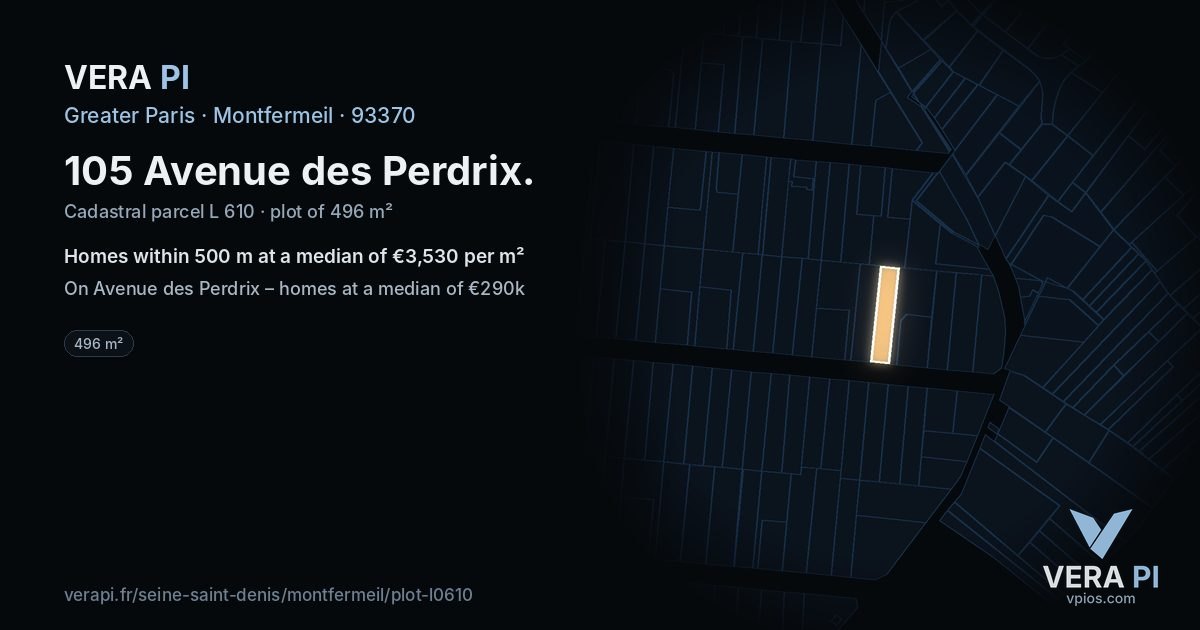 105 Avenue des Perdrix, Montfermeil at night – the plot lit, the parcels around coloured by the prices near them