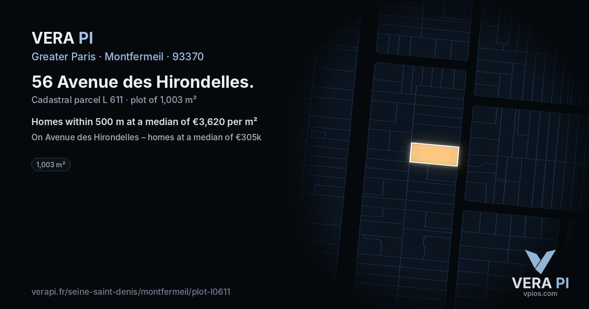 56 Avenue des Hirondelles, Montfermeil at night – the plot lit, the parcels around coloured by the prices near them