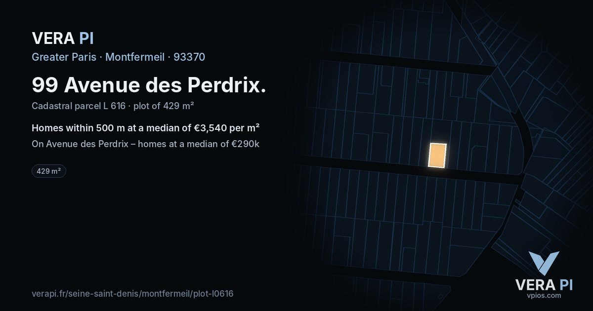 99 Avenue des Perdrix, Montfermeil at night – the plot lit, the parcels around coloured by the prices near them