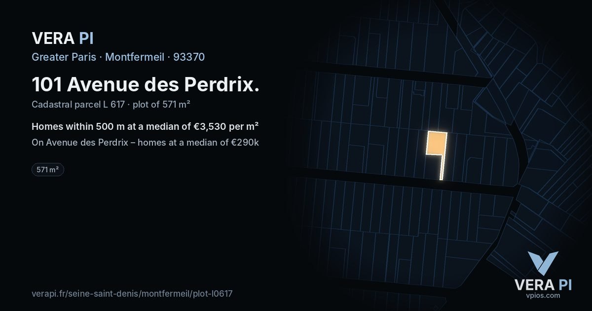 101 Avenue des Perdrix, Montfermeil at night – the plot lit, the parcels around coloured by the prices near them