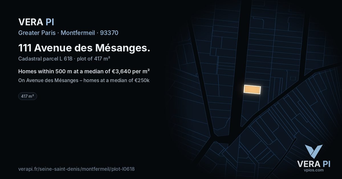 111 Avenue des Mésanges, Montfermeil at night – the plot lit, the parcels around coloured by the prices near them