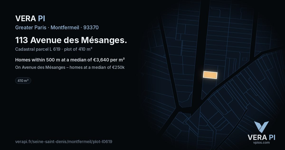113 Avenue des Mésanges, Montfermeil at night – the plot lit, the parcels around coloured by the prices near them