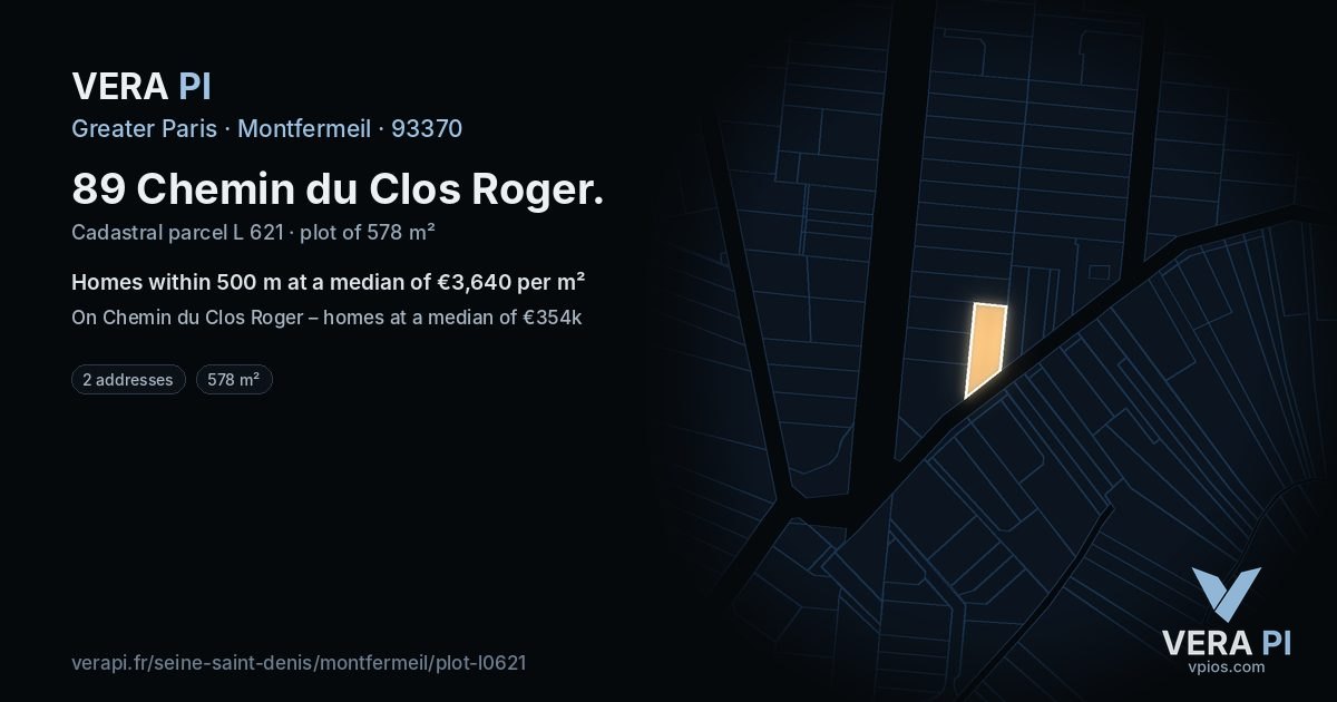 89 Chemin du Clos Roger, Montfermeil at night – the plot lit, the parcels around coloured by the prices near them