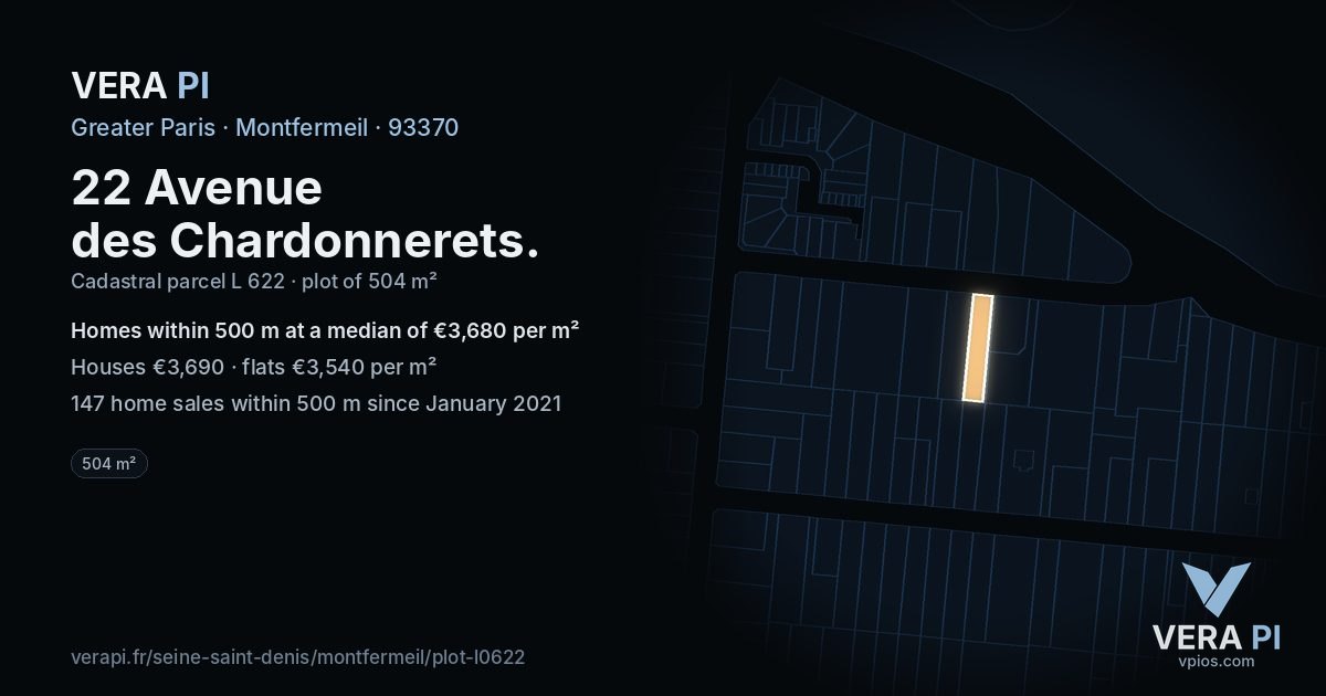 22 Avenue des Chardonnerets, Montfermeil at night – the plot lit, the parcels around coloured by the prices near them
