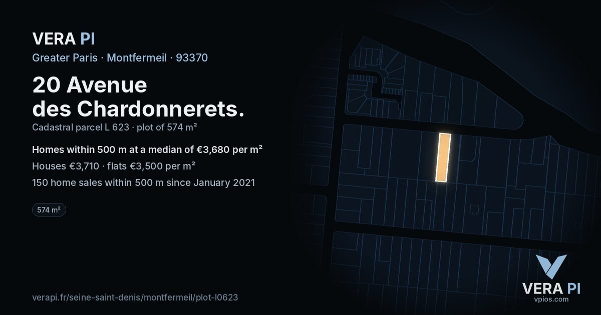 20 Avenue des Chardonnerets, Montfermeil at night – the plot lit, the parcels around coloured by the prices near them