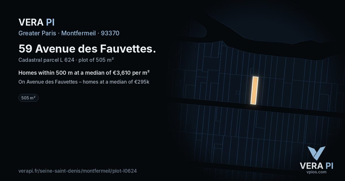 59 Avenue des Fauvettes, Montfermeil at night – the plot lit, the parcels around coloured by the prices near them