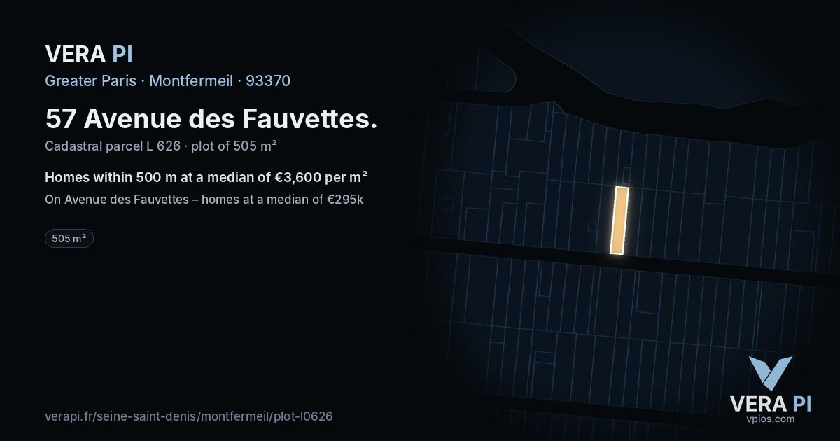 57 Avenue des Fauvettes, Montfermeil at night – the plot lit, the parcels around coloured by the prices near them
