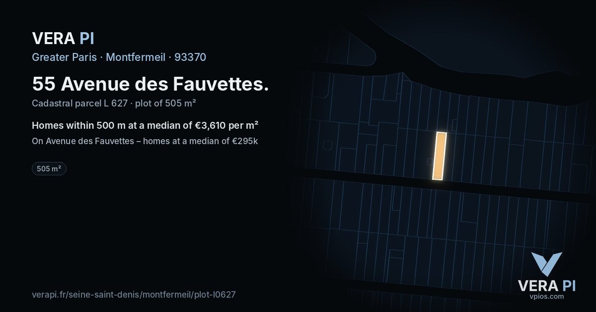 55 Avenue des Fauvettes, Montfermeil at night – the plot lit, the parcels around coloured by the prices near them