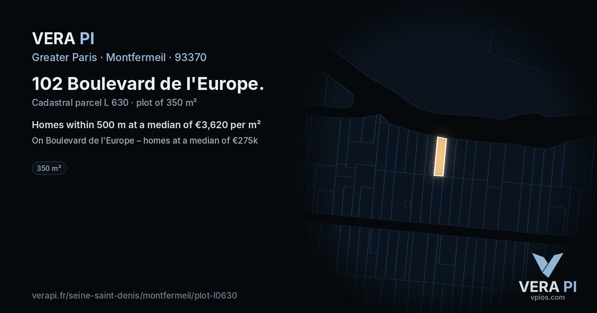102 Boulevard de l'Europe, Montfermeil at night – the plot lit, the parcels around coloured by the prices near them