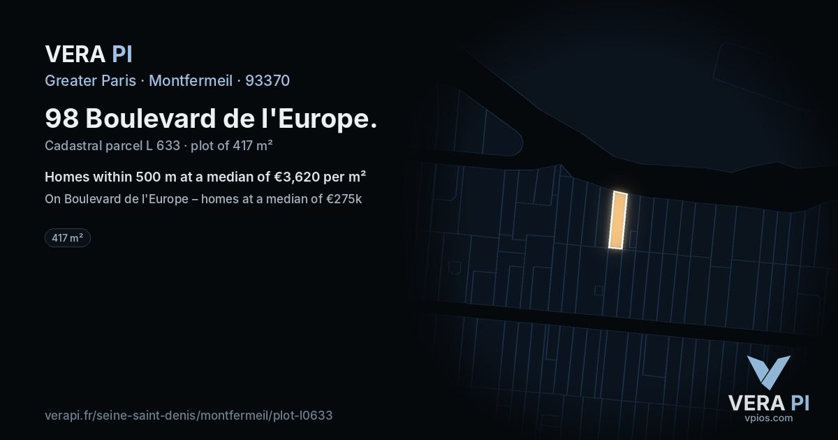 98 Boulevard de l'Europe, Montfermeil at night – the plot lit, the parcels around coloured by the prices near them