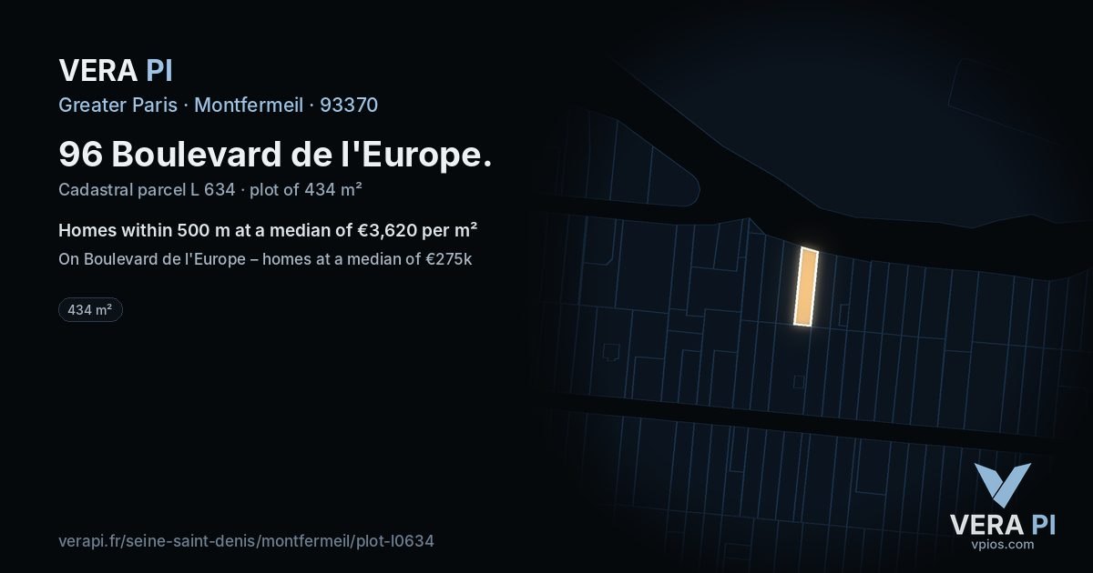 96 Boulevard de l'Europe, Montfermeil at night – the plot lit, the parcels around coloured by the prices near them