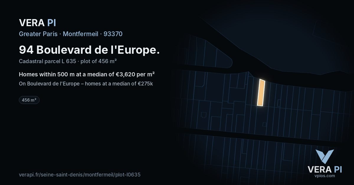 94 Boulevard de l'Europe, Montfermeil at night – the plot lit, the parcels around coloured by the prices near them